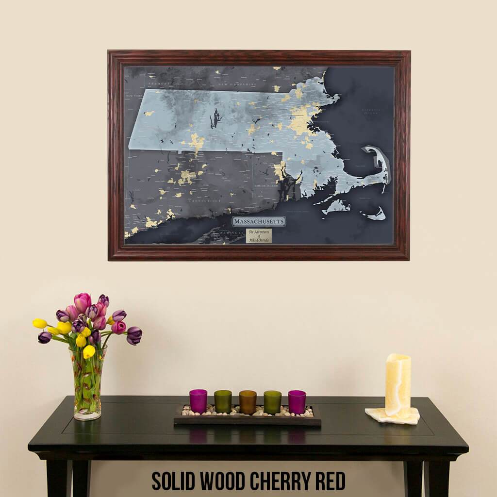 Push Pin Travel Maps Massachusetts Slate Travel Map Solid Wood Cherry Frame