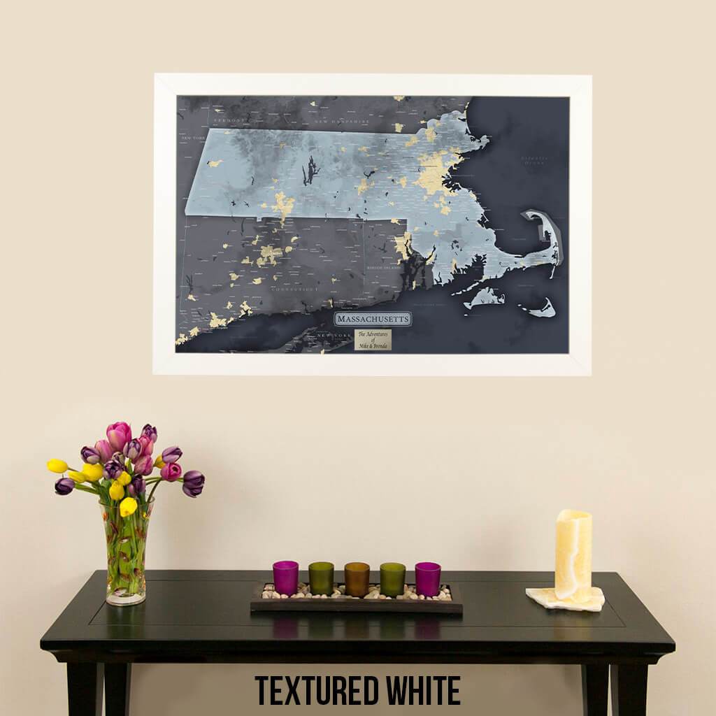 Push Pin Travel Maps Massachusetts Slate Travel Map Textured White Frame with Pins