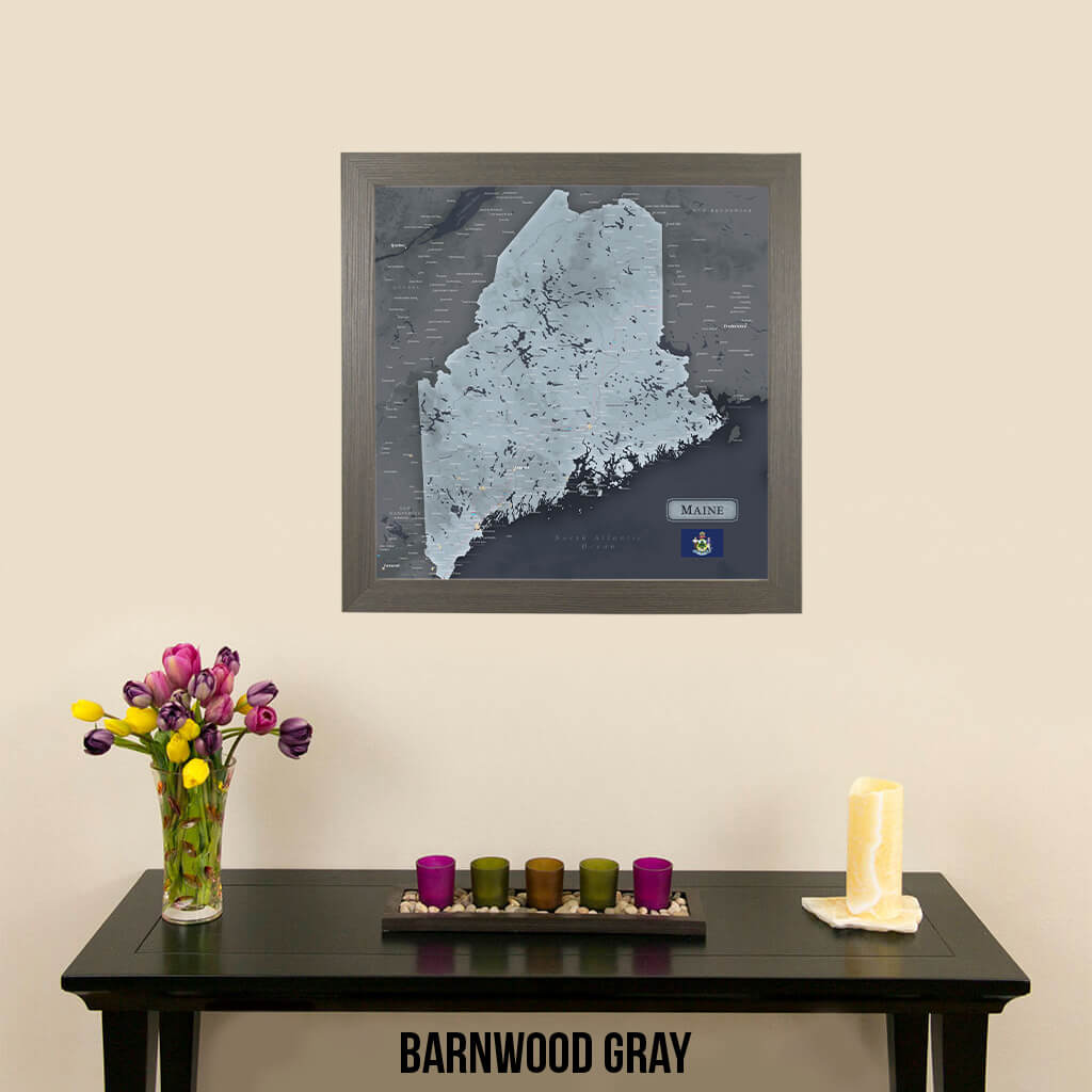 Slate Maine Push Pin Travel Map in Barnwood Gray Frame