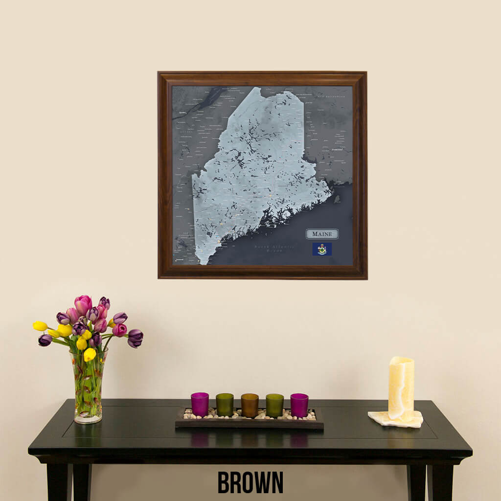 Slate Maine Push Pin Travel Map in Brown Frame