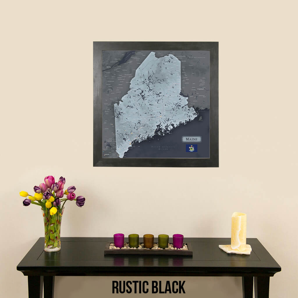 Slate Maine Push Pin Travel Map in Rustic Black Frame