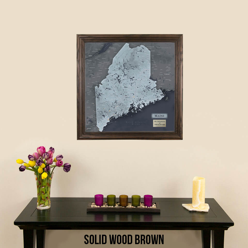 Slate Maine Push Pin Travel Map in Solid Wood Brown Frame