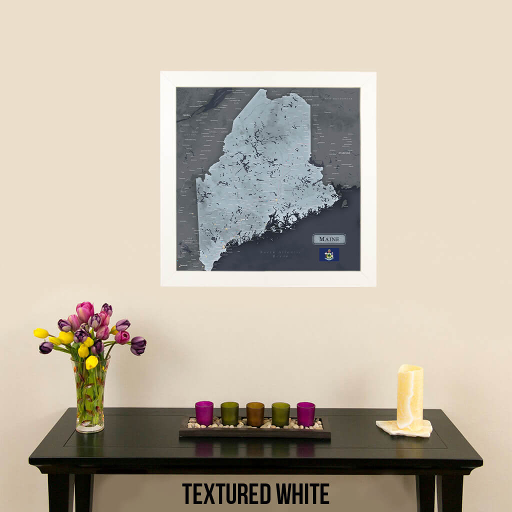 Slate Maine Push Pin Travel Map in Textured White Frame