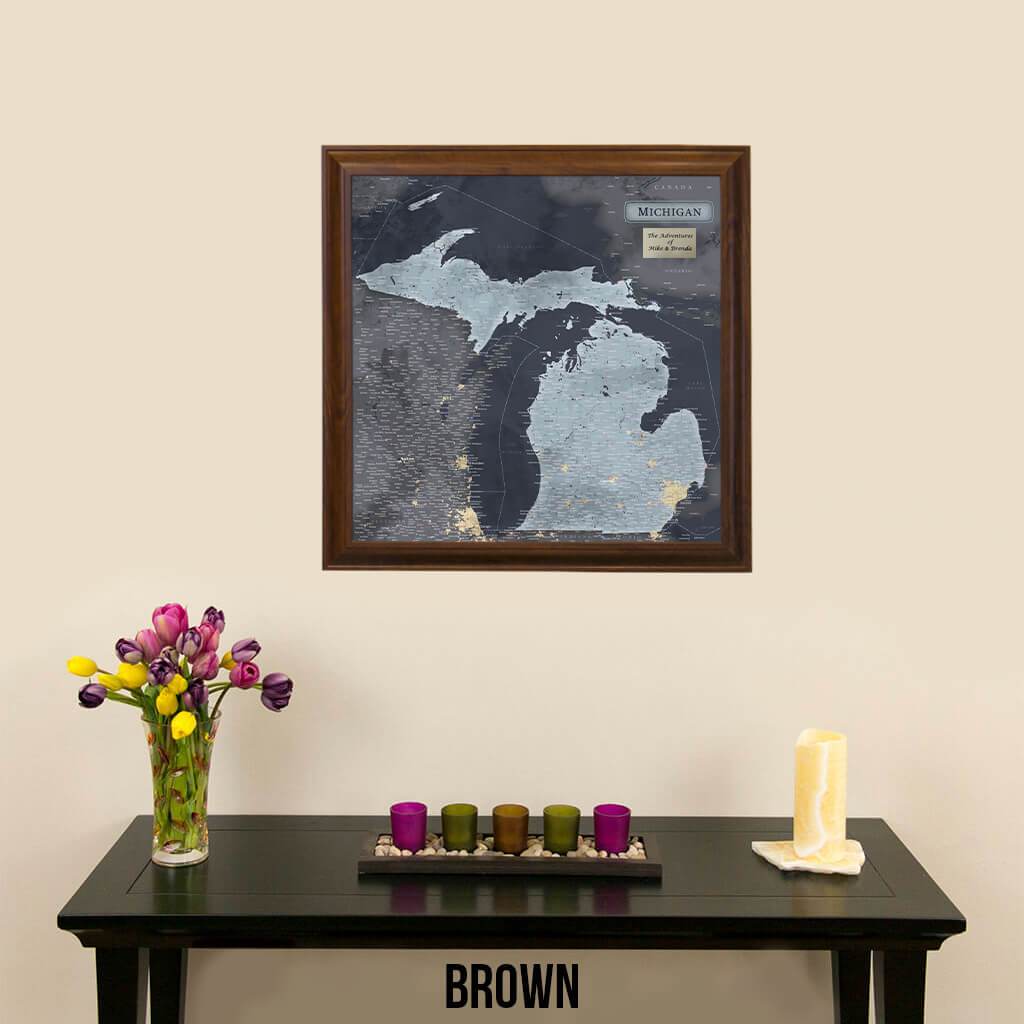 Push Pin Travel Maps Michigan Slate Travel Map with Pins Beveled Brown Frame