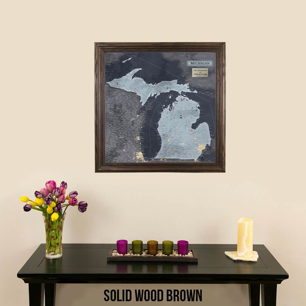 Push Pin Travel Maps Michigan Slate Travel Map Solid Wood Brown Frame