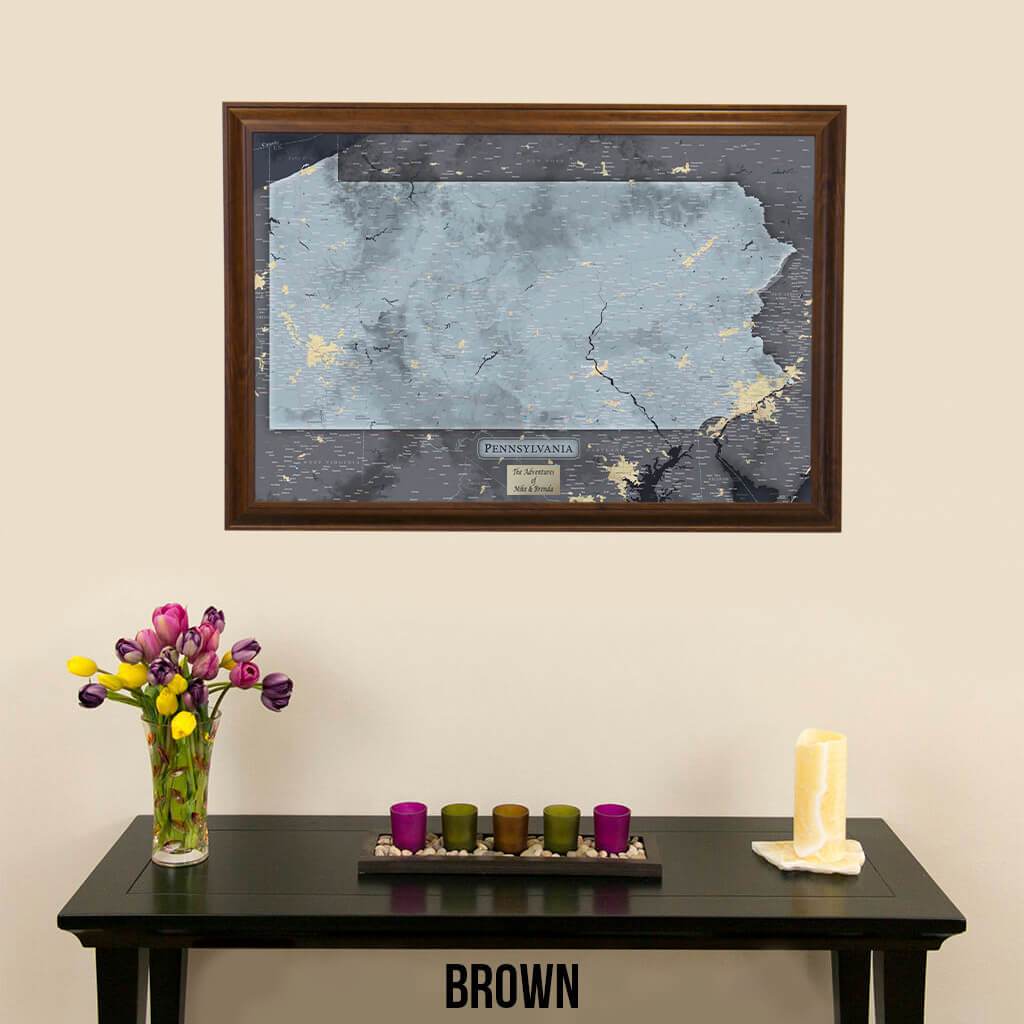 Push Pin Travel Maps Pennsylvania Slate Map with Pins Brown Frame