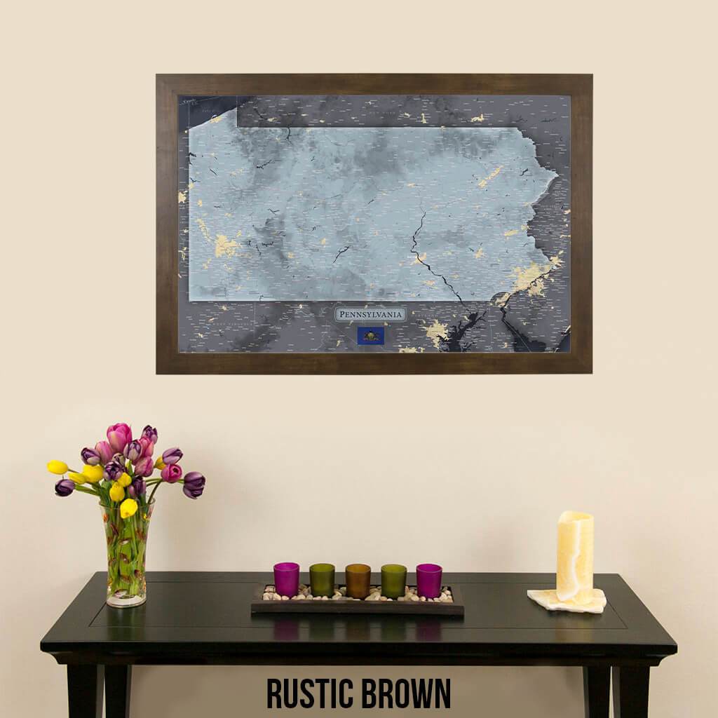 Push Pin Travel Maps Pennsylvania Slate Map with Pins Rustic Brown Frame