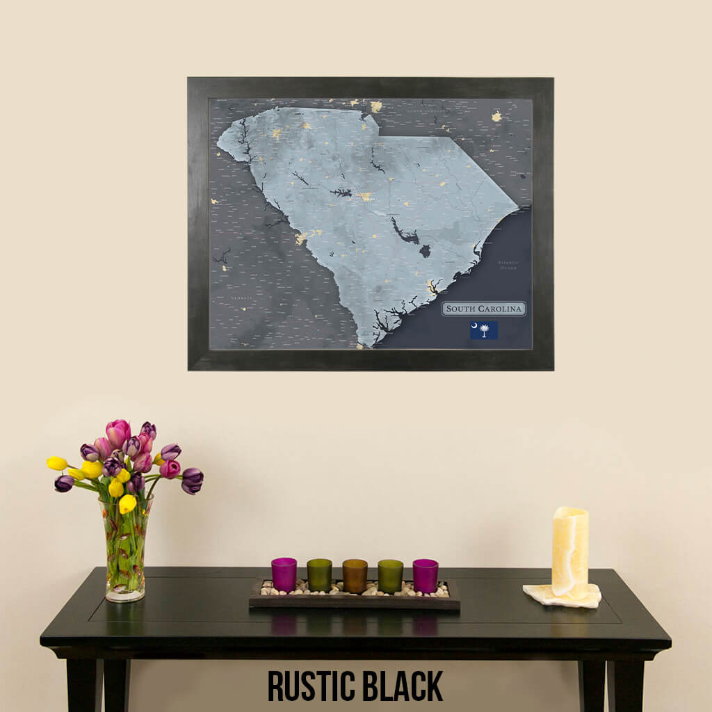Framed South Carolina Slate Gray Push Pin Travel Map in Rustic Black Frame