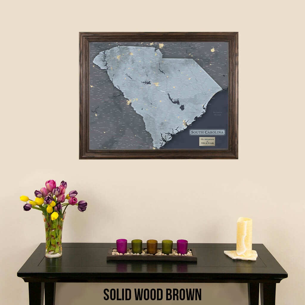 Framed South Carolina Slate Gray Push Pin Travel Map in Solid Wood Brown Frame
