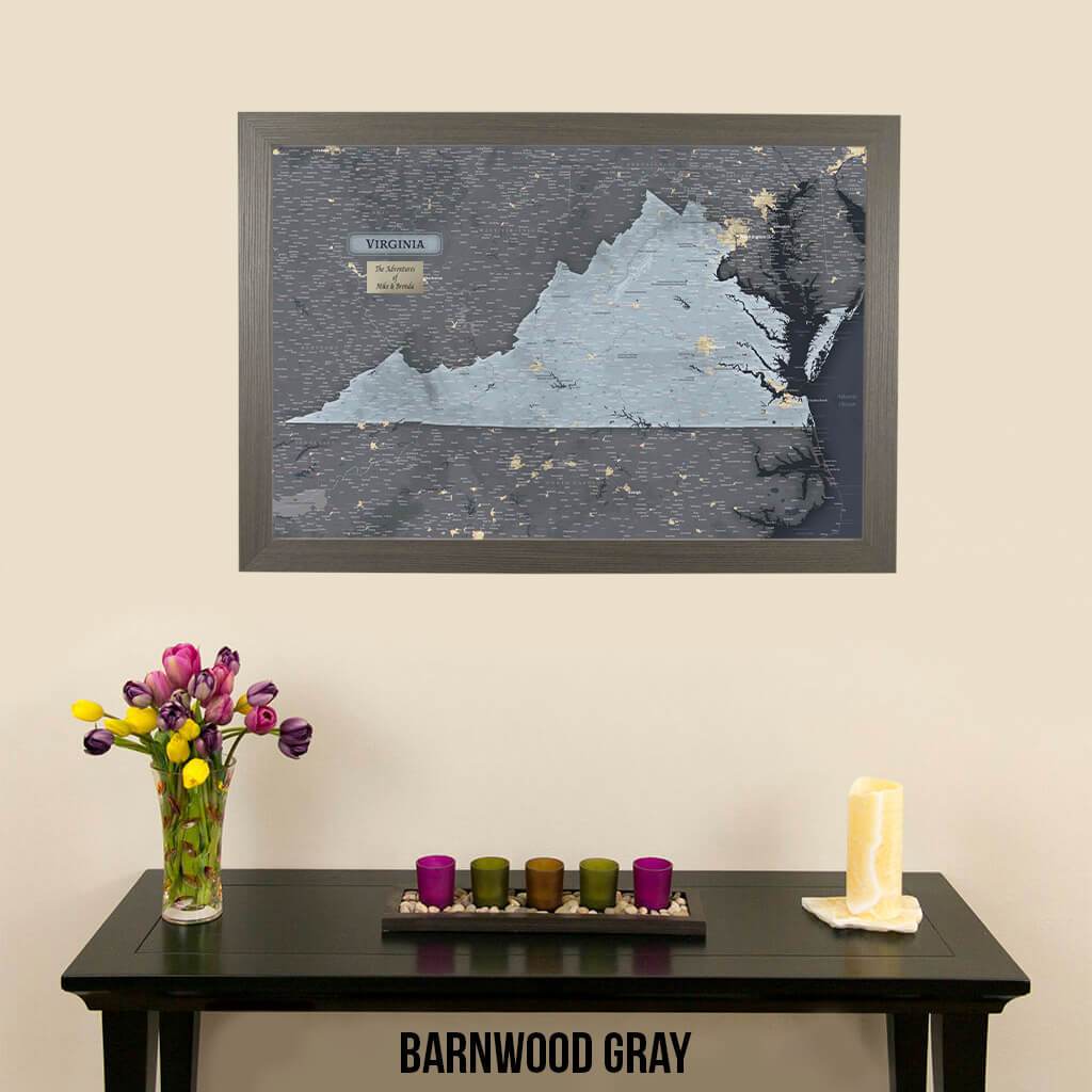 Framed Virginia State Slate Wall Map with Pins Barnwood Gray Frame