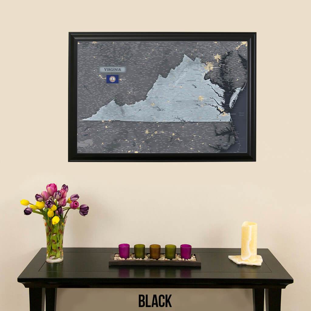 Push Pin Framed Virginia State Slate Wall Map with Pins Black Frame