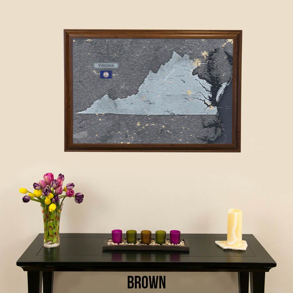 Framed Virginia State Slate Wall Map with Pins Brown Frame