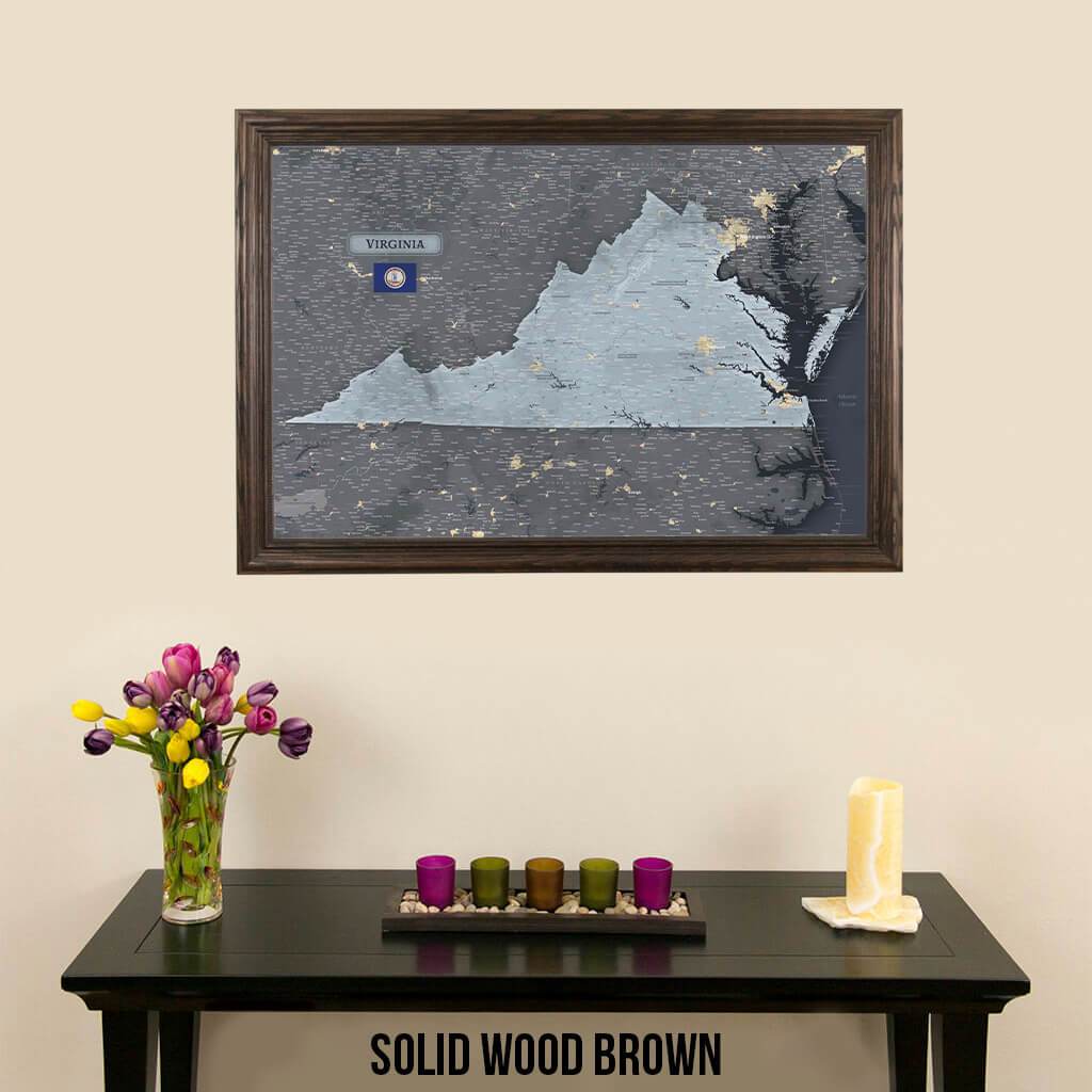 Framed Virginia State Slate Wall Map with Pins Solid Wood Brown Frame