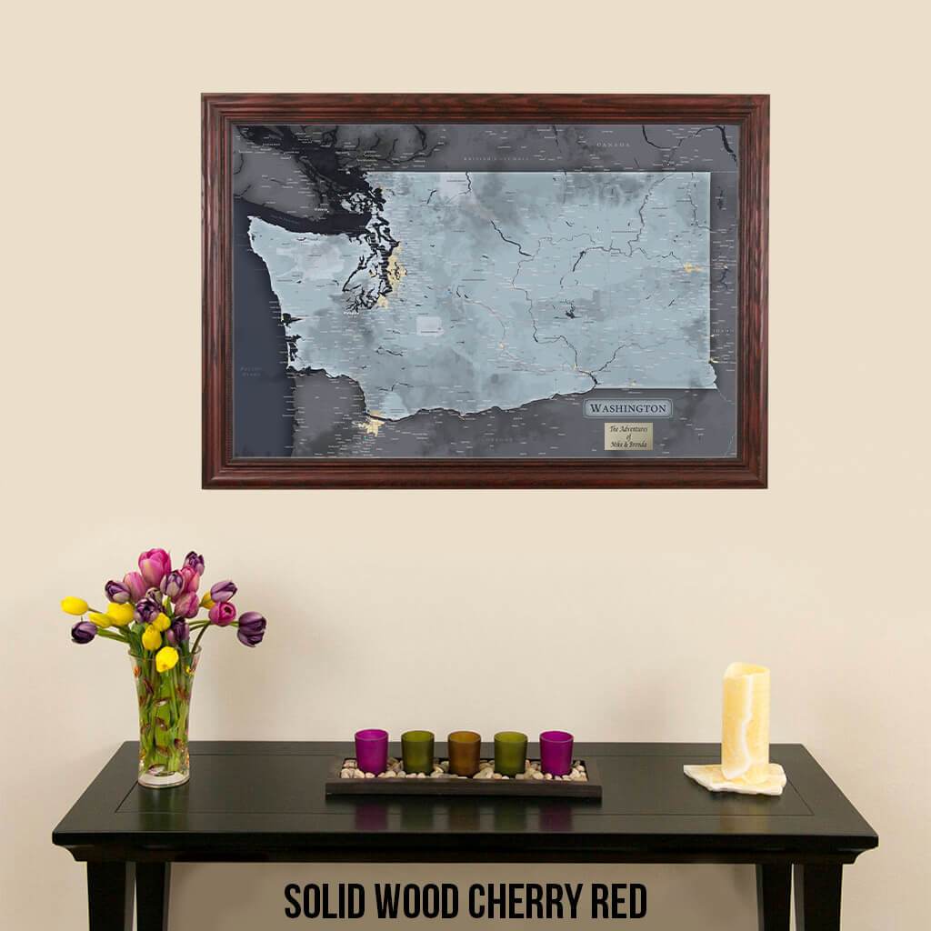 Push Pin Travel Maps Washington State Slate Map in Solid Wood Cherry Frame