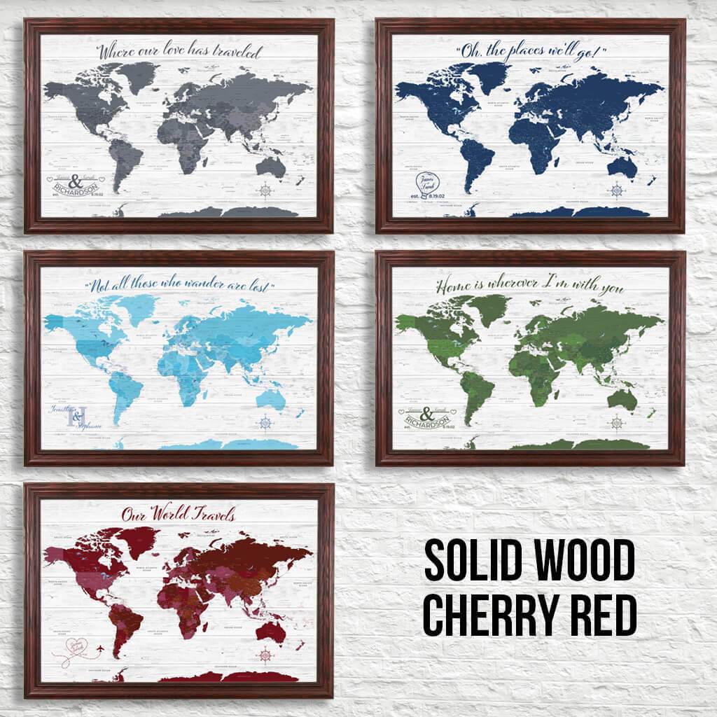 Canvas Anniversary World Map Color Options in Solid Wood Cherry Frame