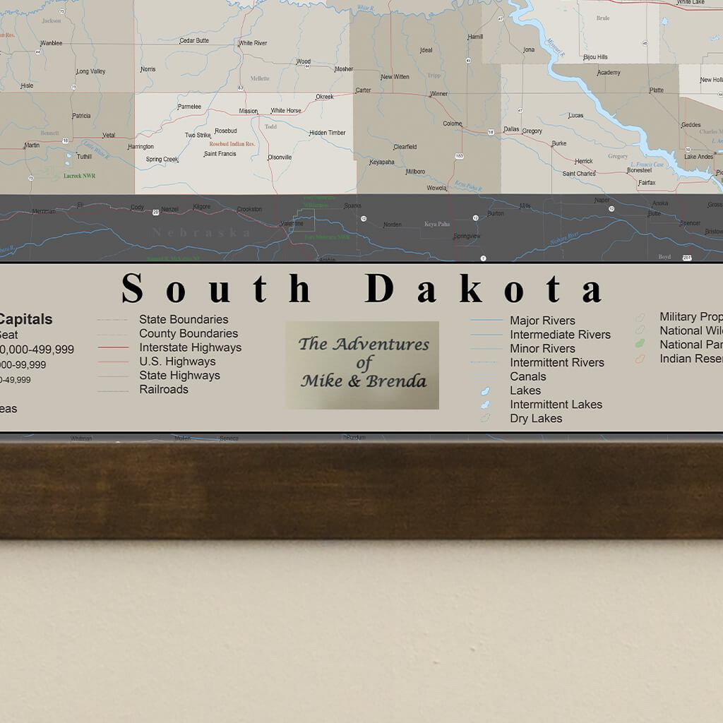 Earth Toned South Dakota Framed Pin Map Personalized Plaque Closeup