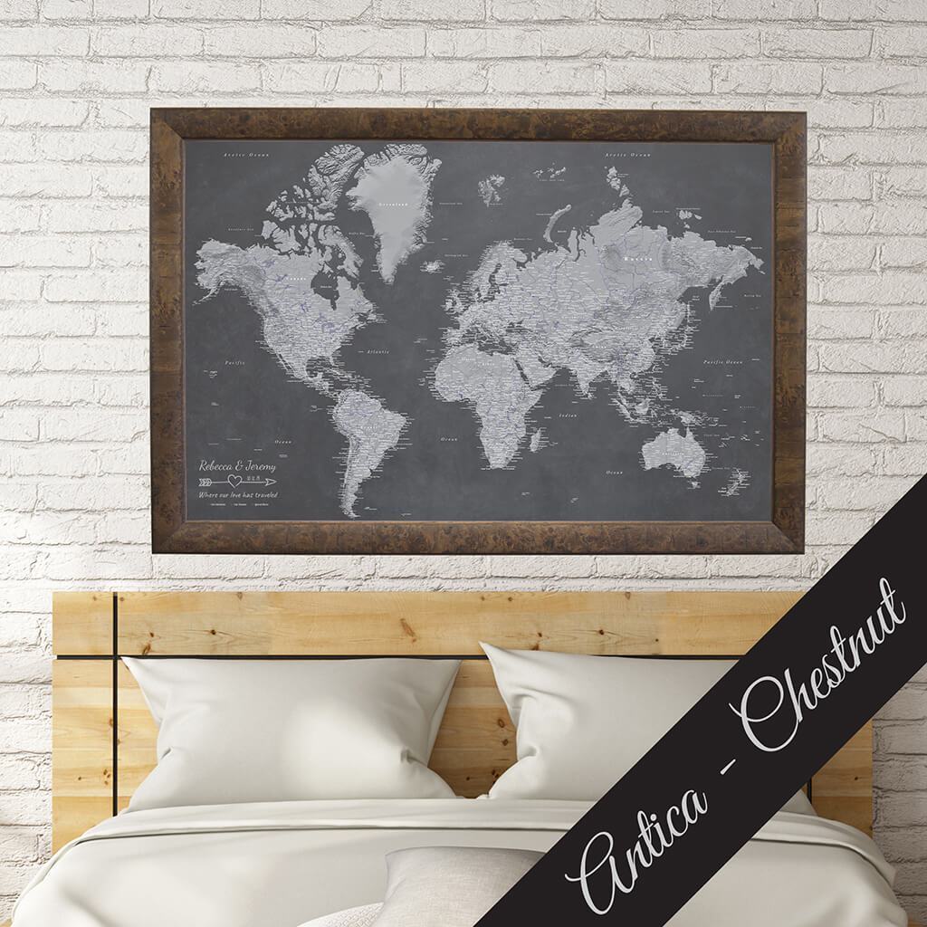 Canvas Stormy Dreams World Map in Premium Antica Chestnut Frame