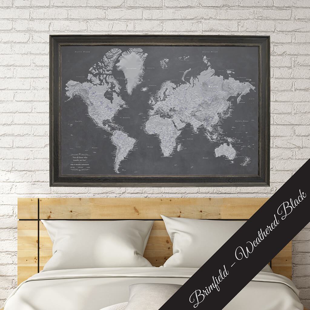 Canvas Stormy Dreams World Map in Premium Brimfield Weathered Black Frame