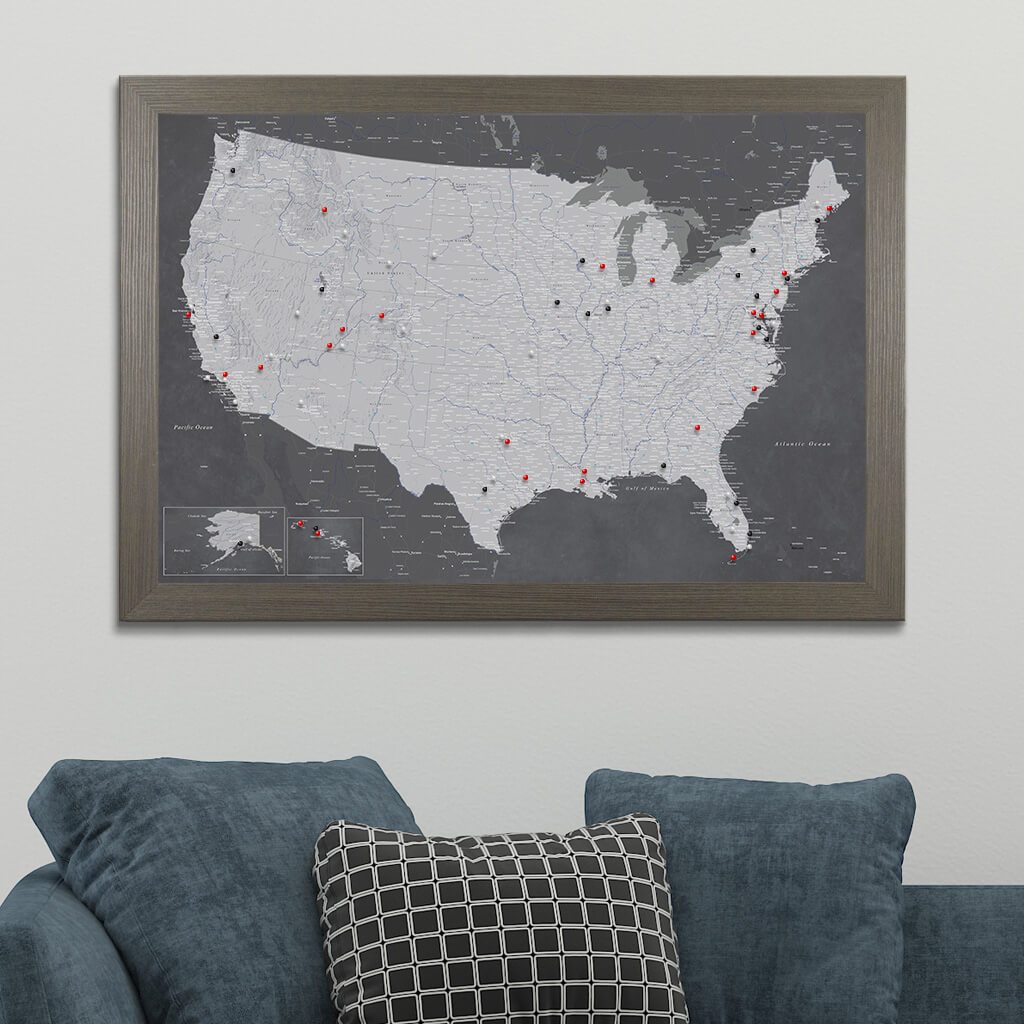 Stormy Dreams USA Push Pin Travelers Map in Barnwood Gray Frame