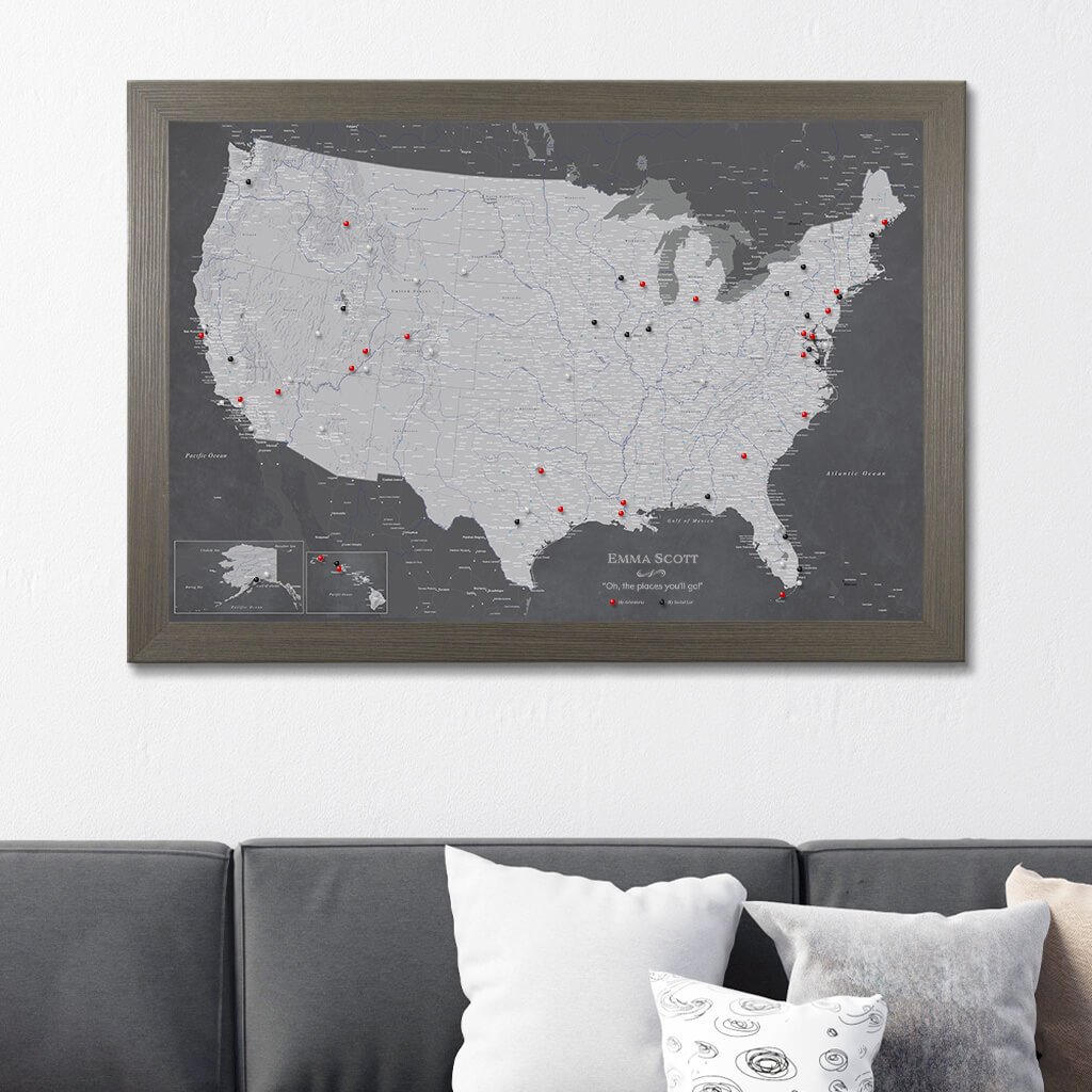 Canvas Stormy Dreams USA Wall Map with Pins Barnwood Gray Frame