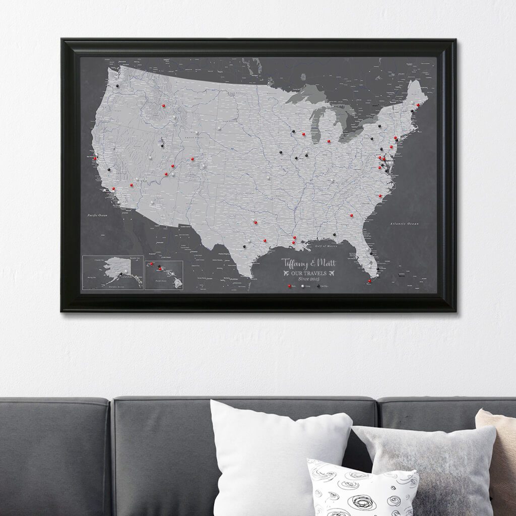 Canvas Stormy Dreams USA Wall Map with Pins Black Frame