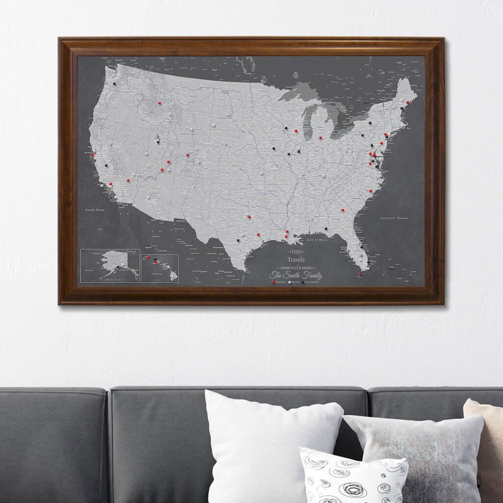Canvas Stormy Dreams USA Wall Map with Pins Brown Frame