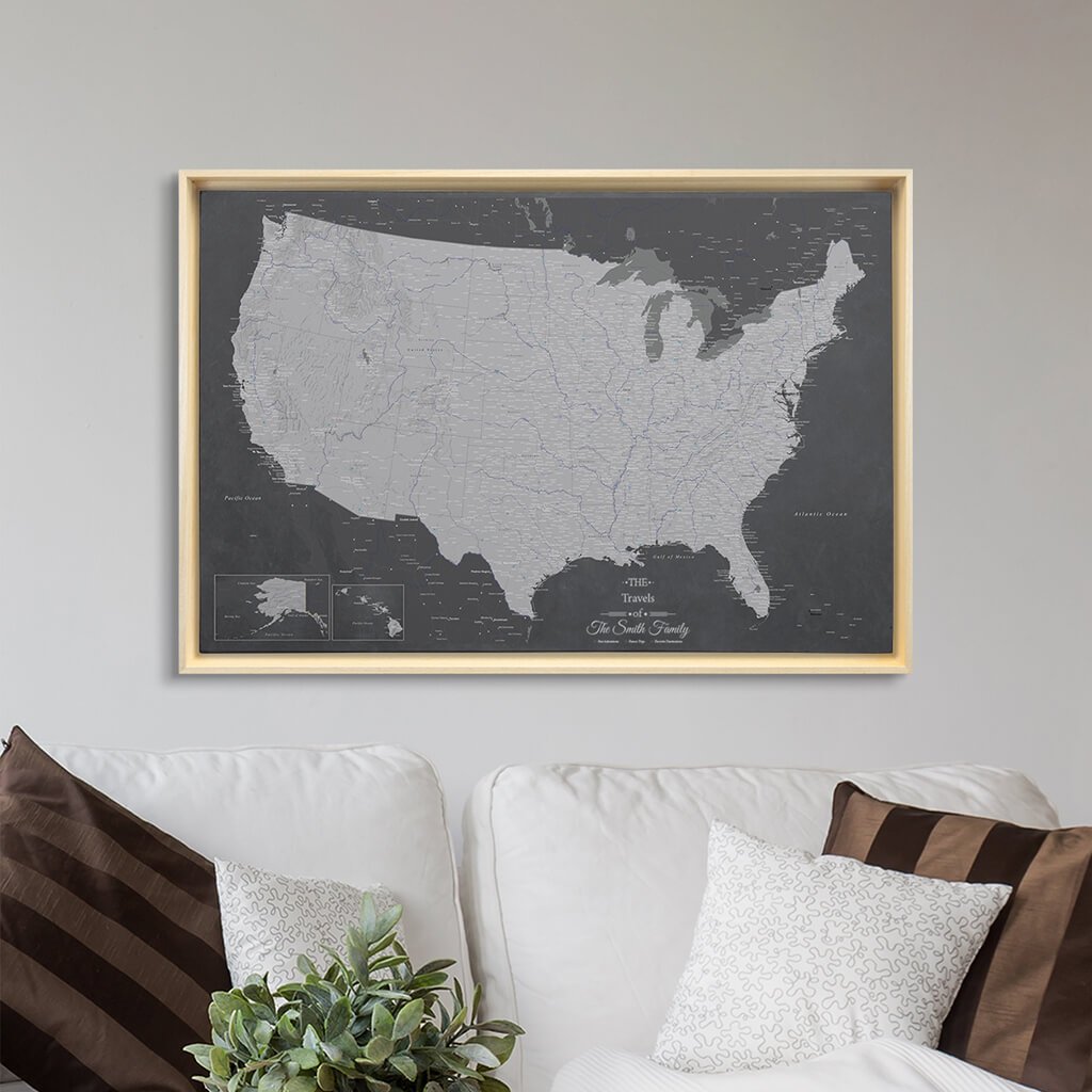 Natural Tan Float Frame - 24x36 Gallery Wrapped Canvas Stormy Dreams USA Map
