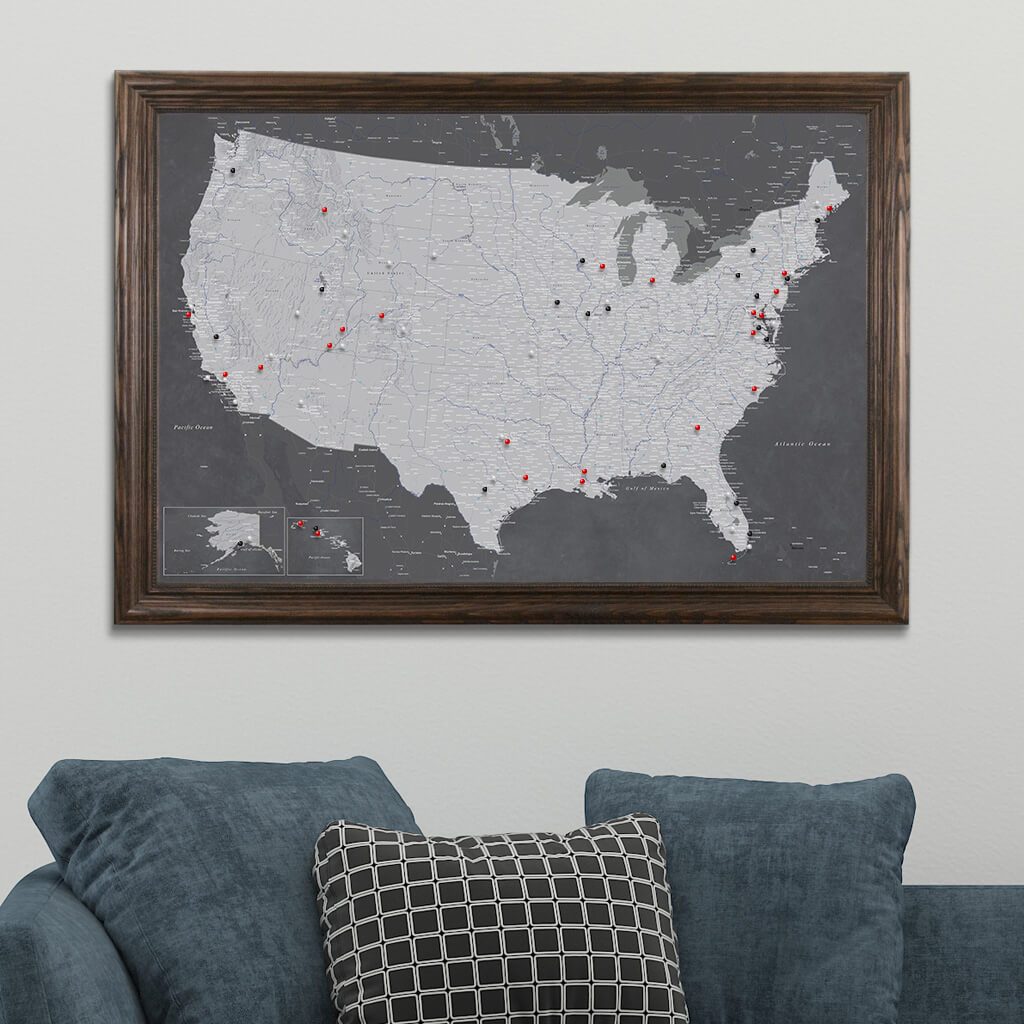 Stormy Dreams USA Push Pin Travel Map in Solid Wood Brown Frame