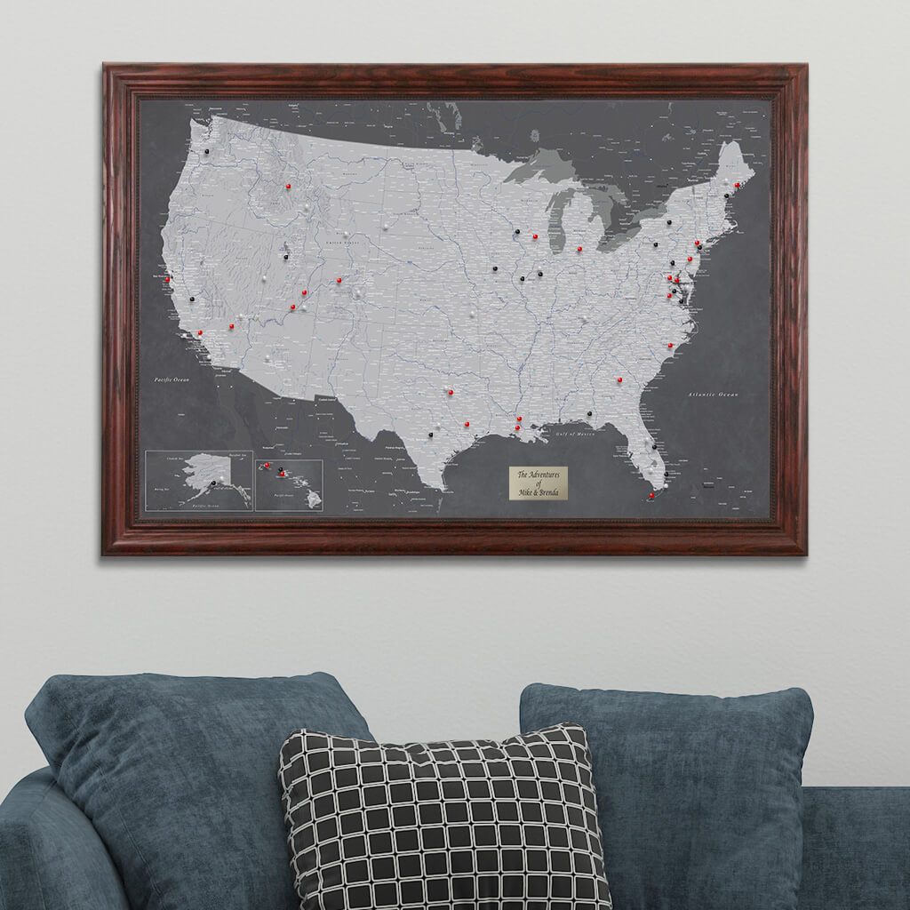 Stormy Dreams USA Pinnable Travel Map in Solid Wood Cherry  Frame
