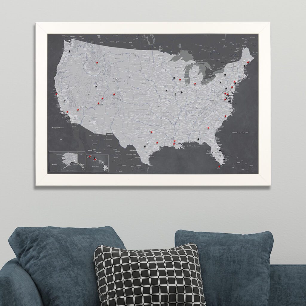 Stormy Dreams USA Push Pin Travel Map in Textured White Frame