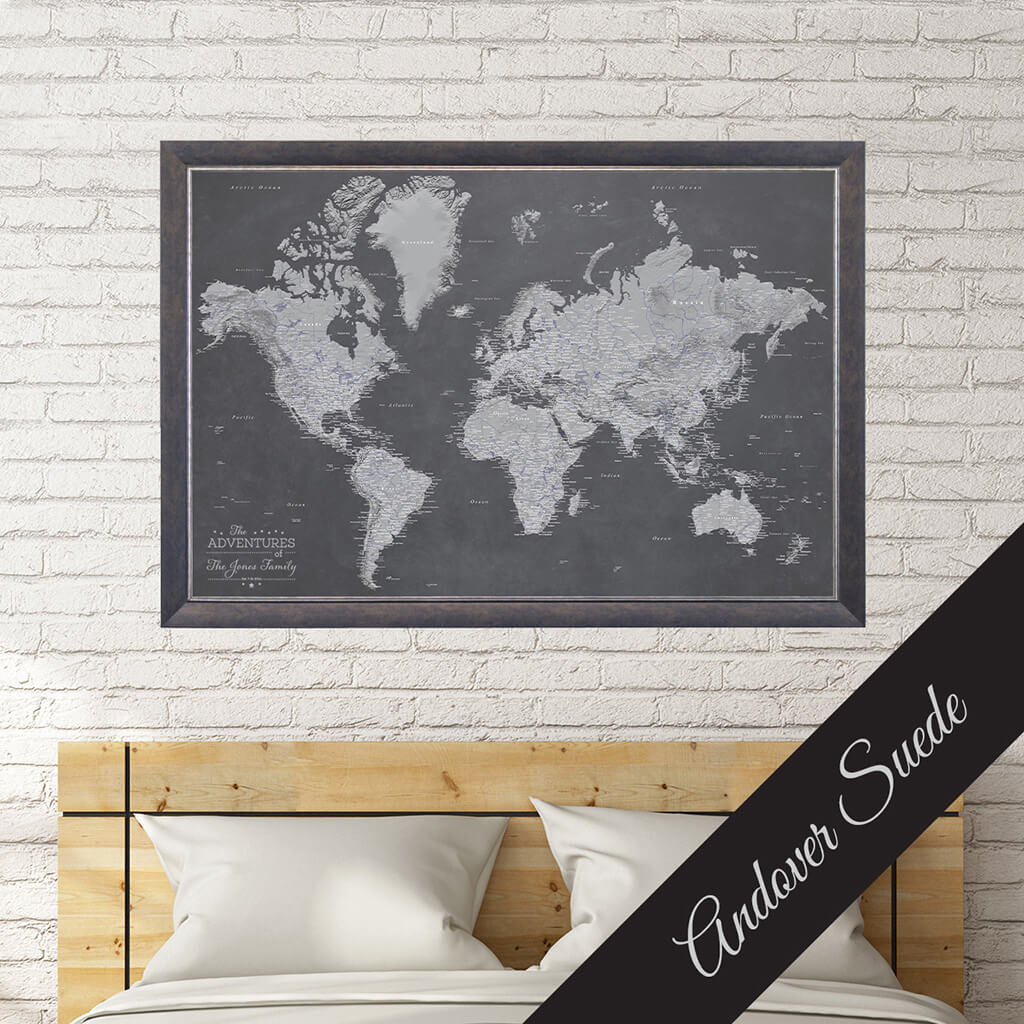 Canvas Stormy Dreams World Map in Andover Suede Solid Wood Frame