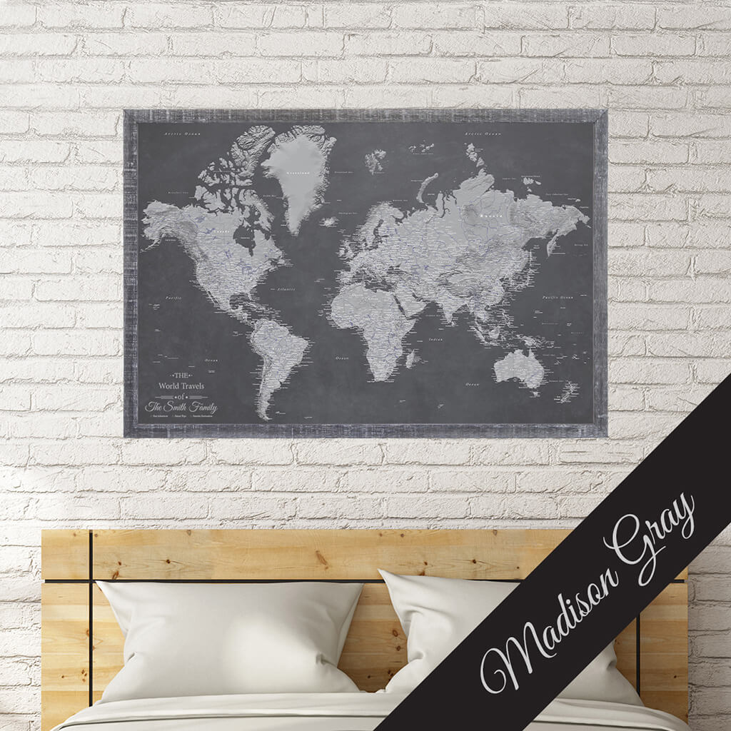 Canvas Stormy Dreams World Map in Premium Madison Gray Frame