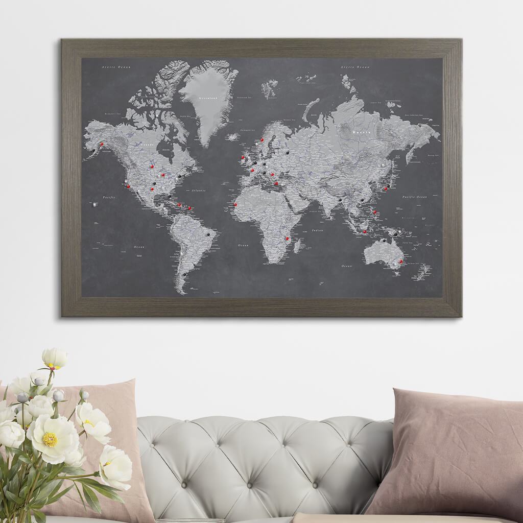 Stormy Dreams World Wall Map with Pins in Barnwood Gray Frame