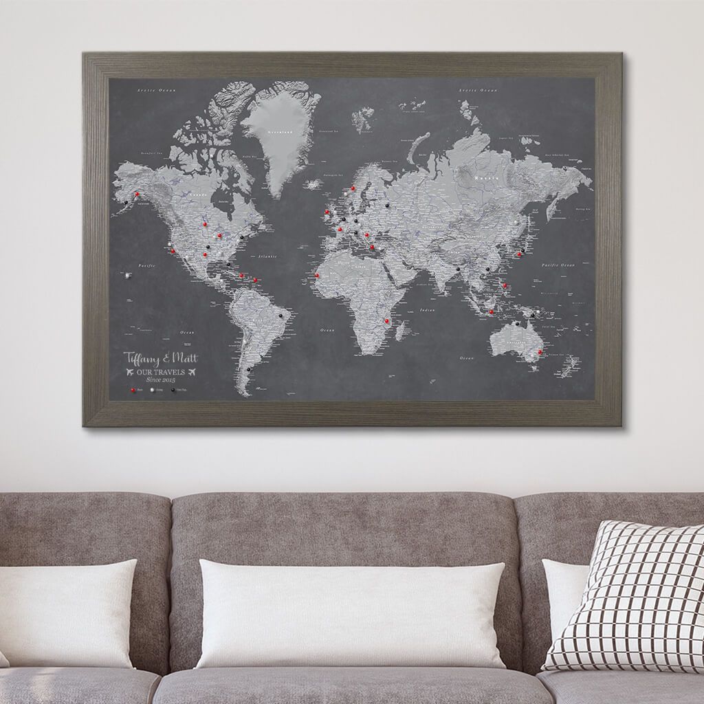 Canvas Stormy Dreams World Map in Modern Barnwood Gray Frame
