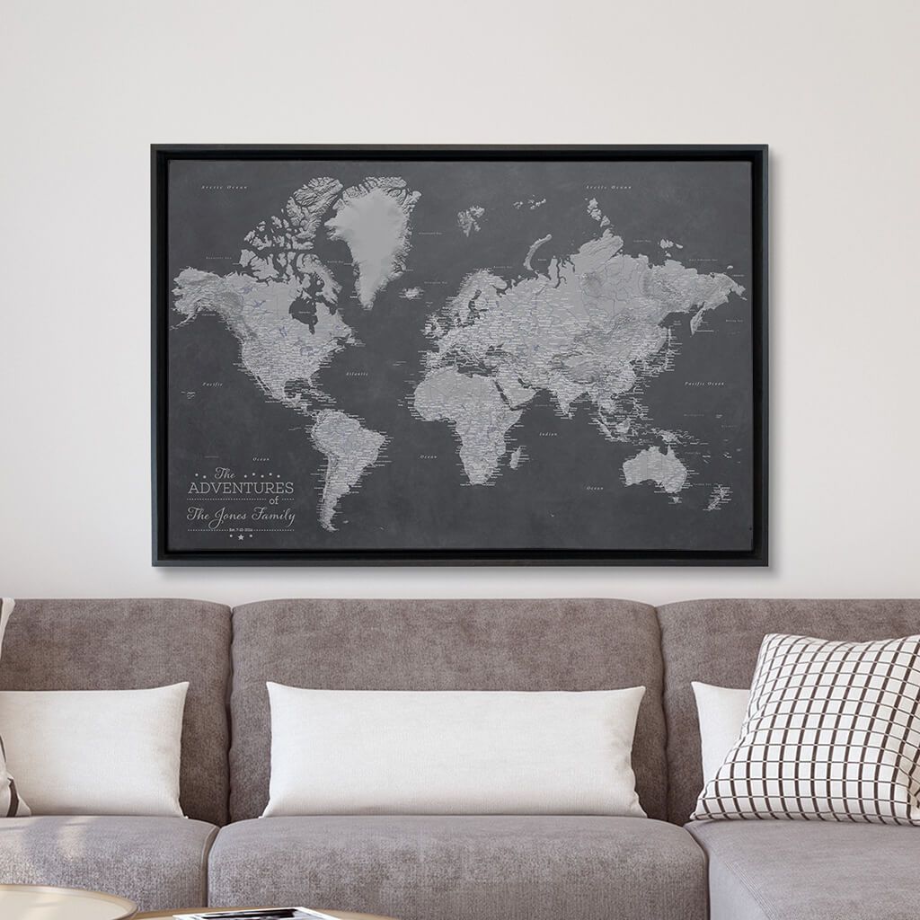 Black Float Frame - 24x36 Gallery Wrapped Stormy Dreams World Map with Pins