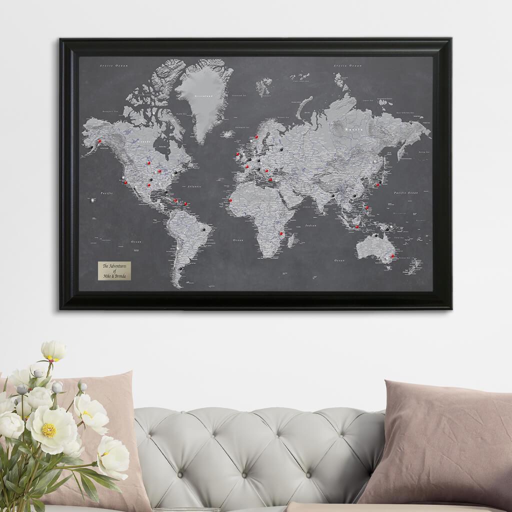 Stormy Dreams World Push Pin Travel Map with Pins in Black Frame