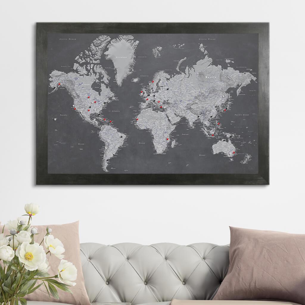 Stormy Dreams World Travel Map with Pins in Rustic Black Frame
