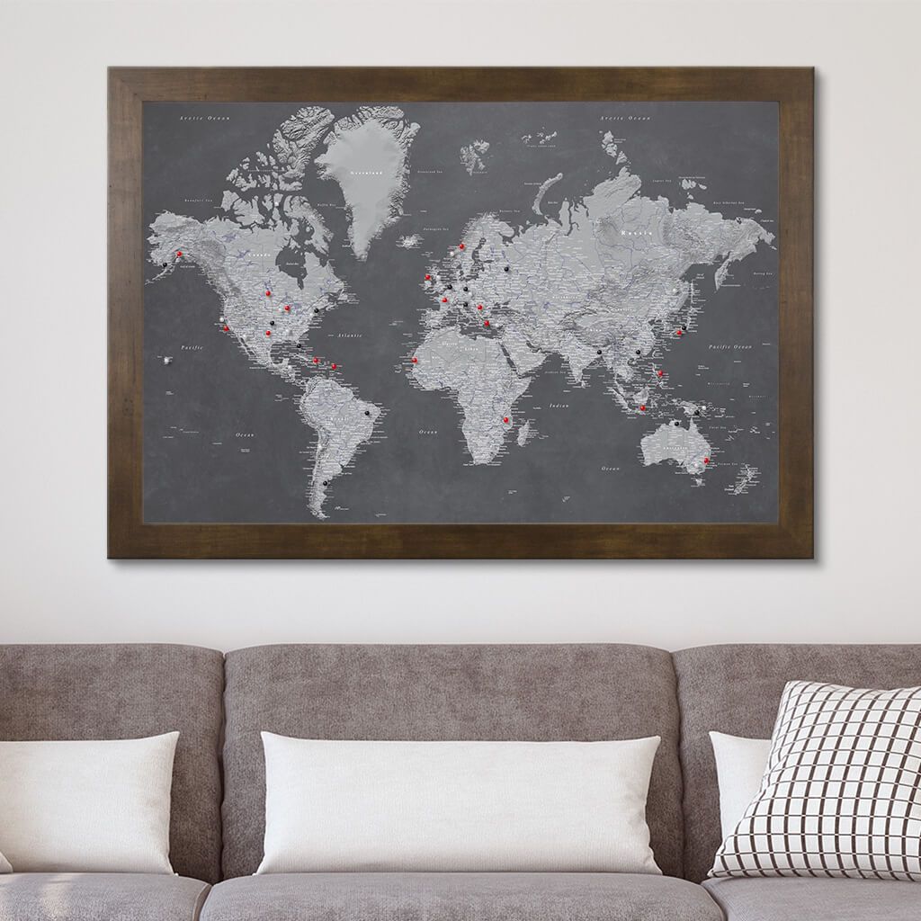 Canvas Stormy Dreams World Map in Rustic Brown Frame