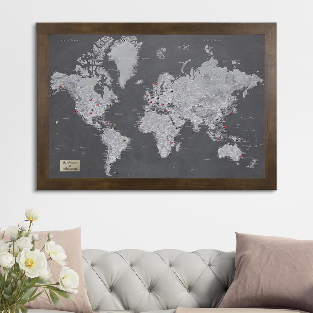 Stormy Dreams World Push Pin Travel Map in Rustic Brown Frame