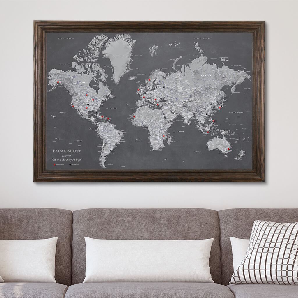 Canvas Stormy Dreams World Map in Solid Wood Brown Frame