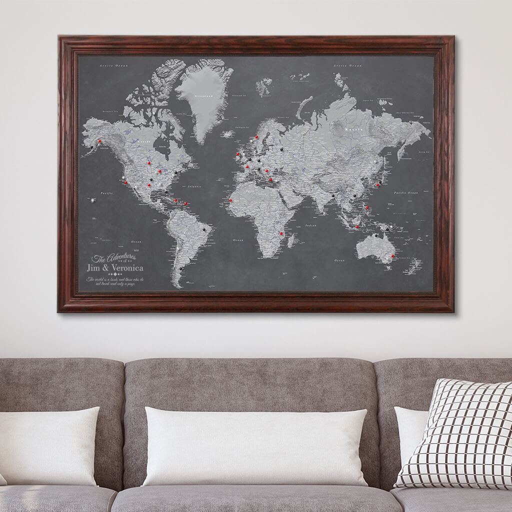 Canvas Stormy Dreams World Map in Solid Wood Cherry Frame