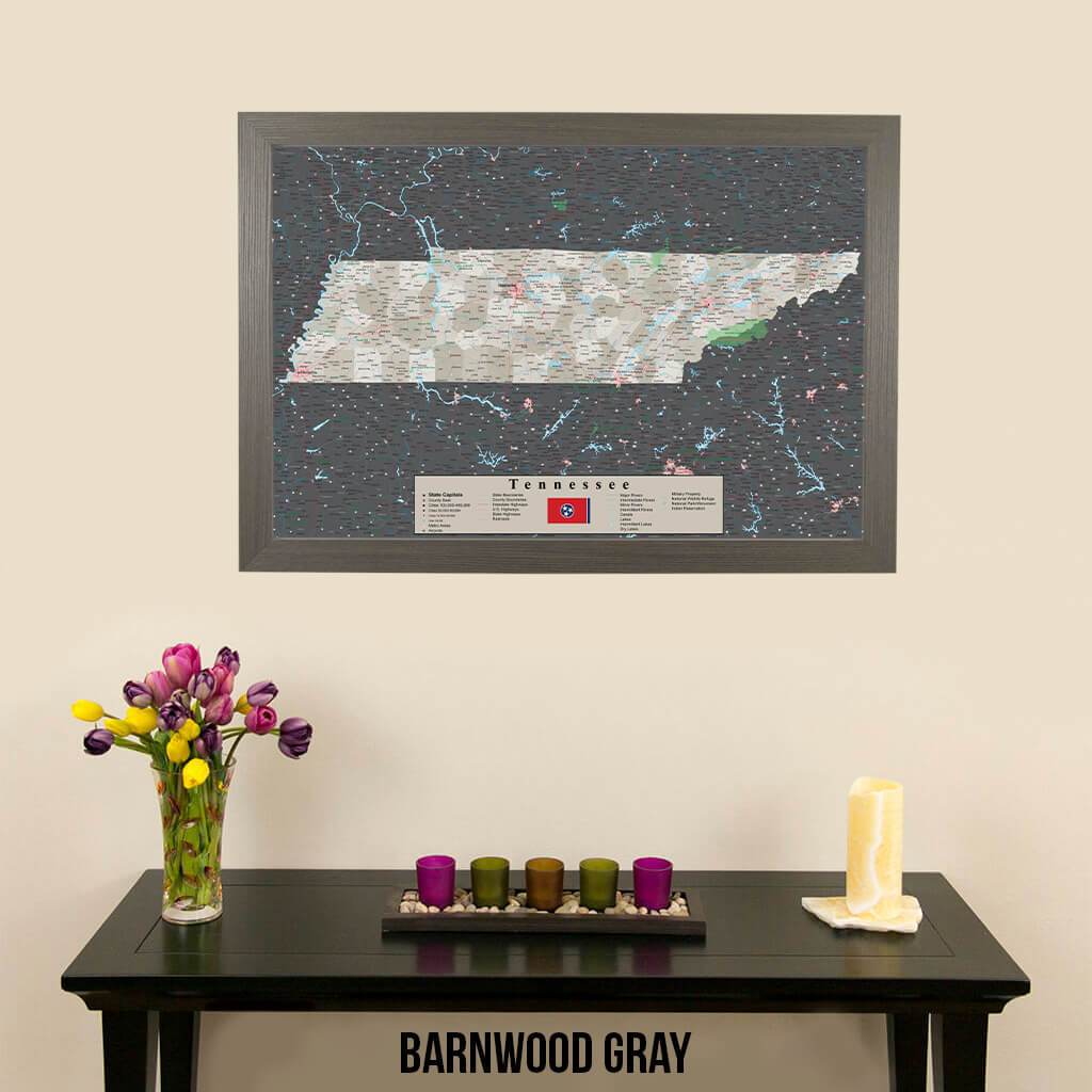 Earth Toned Tennessee Framed Pinboard Map Barnwood Gray Frame