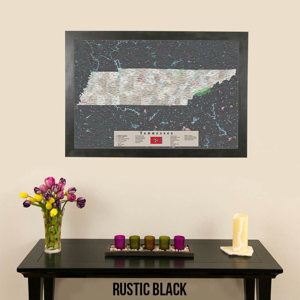 Earth Toned Tennessee Framed Pinboard Map Rustic Black Frame