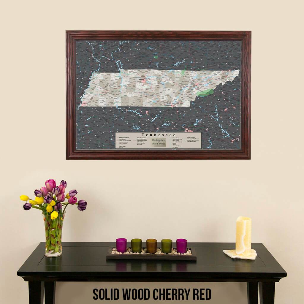 Earth Toned Tennessee Framed Pinboard Map Solid Wood Cherry Frame
