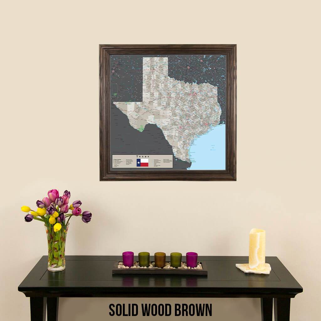 Earth Toned Texas Push Pin Travel Map Solid Wood Brown Frame