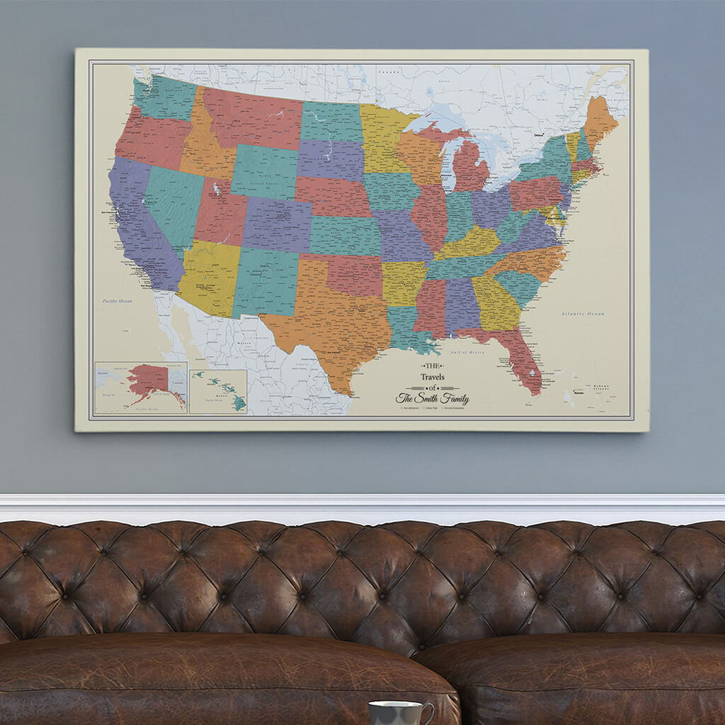 30x45 Gallery Wrapped Canvas Tan Oceans USA map