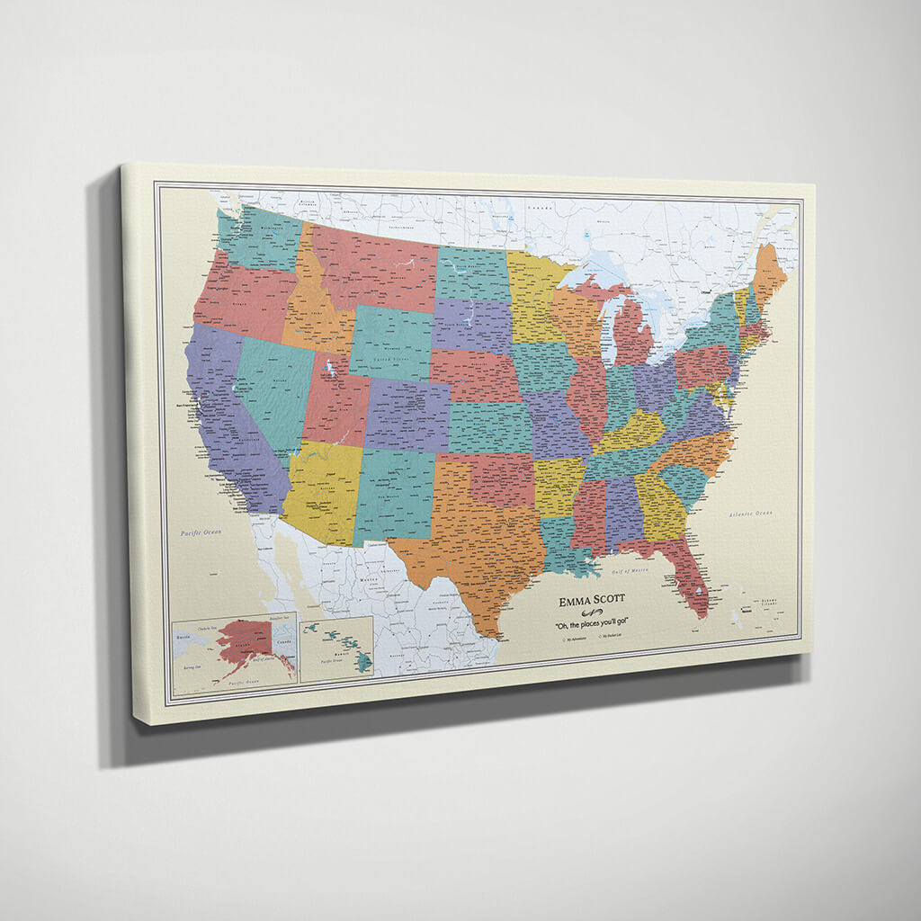 Gallery Wrapped Canvas Tan Oceans USA Map Side View