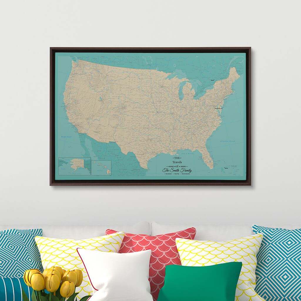 Brown Float Frame - 24x36 Gallery Wrapped Teal Dream USA Map