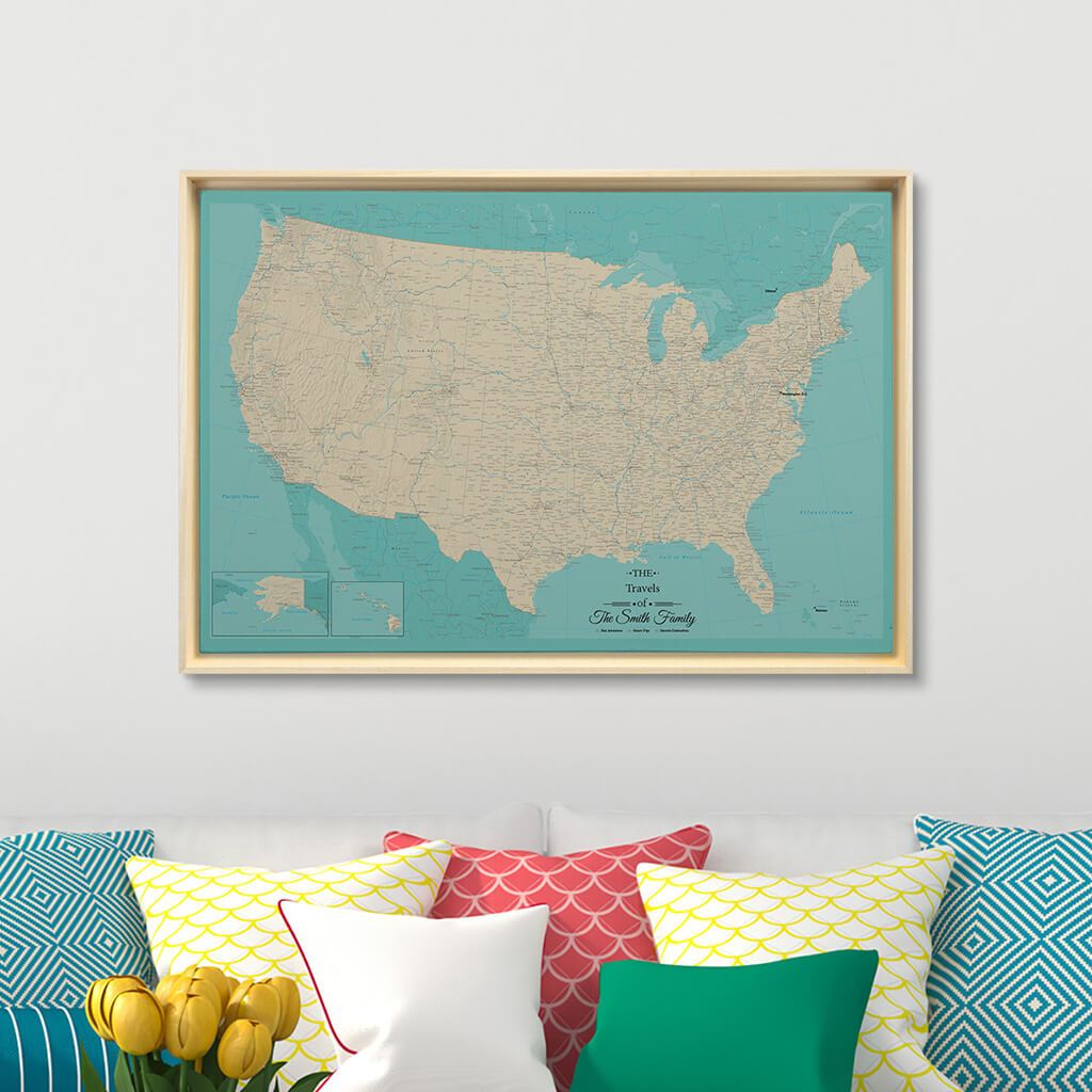 Natural Tan Float Frame -24x36 Gallery Wrapped Teal Dream USA Map