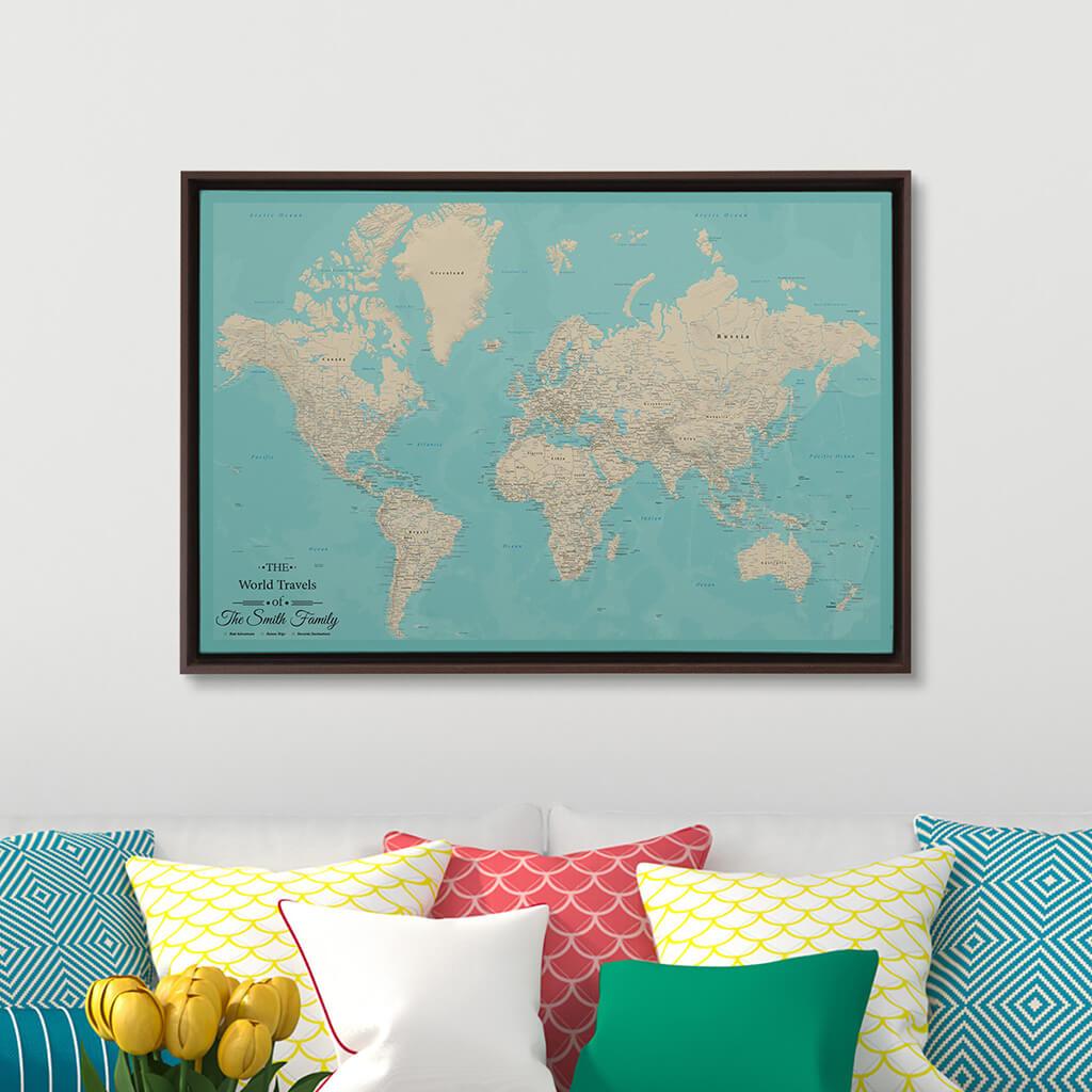Brown Float Frame - 24x36 Gallery Wrapped Teal Dream World Push Pin Travel Map